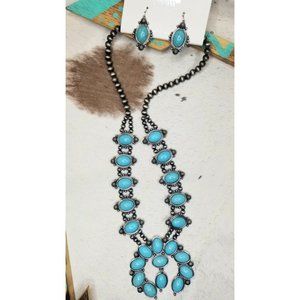 Western Faux Navajo and FauxTurquoise  Squash Blossom Stone Necklace Set